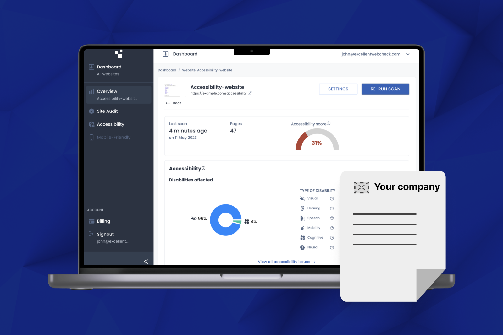 Macbook with the ExcellentWebCheck dashboard and on top a white label report